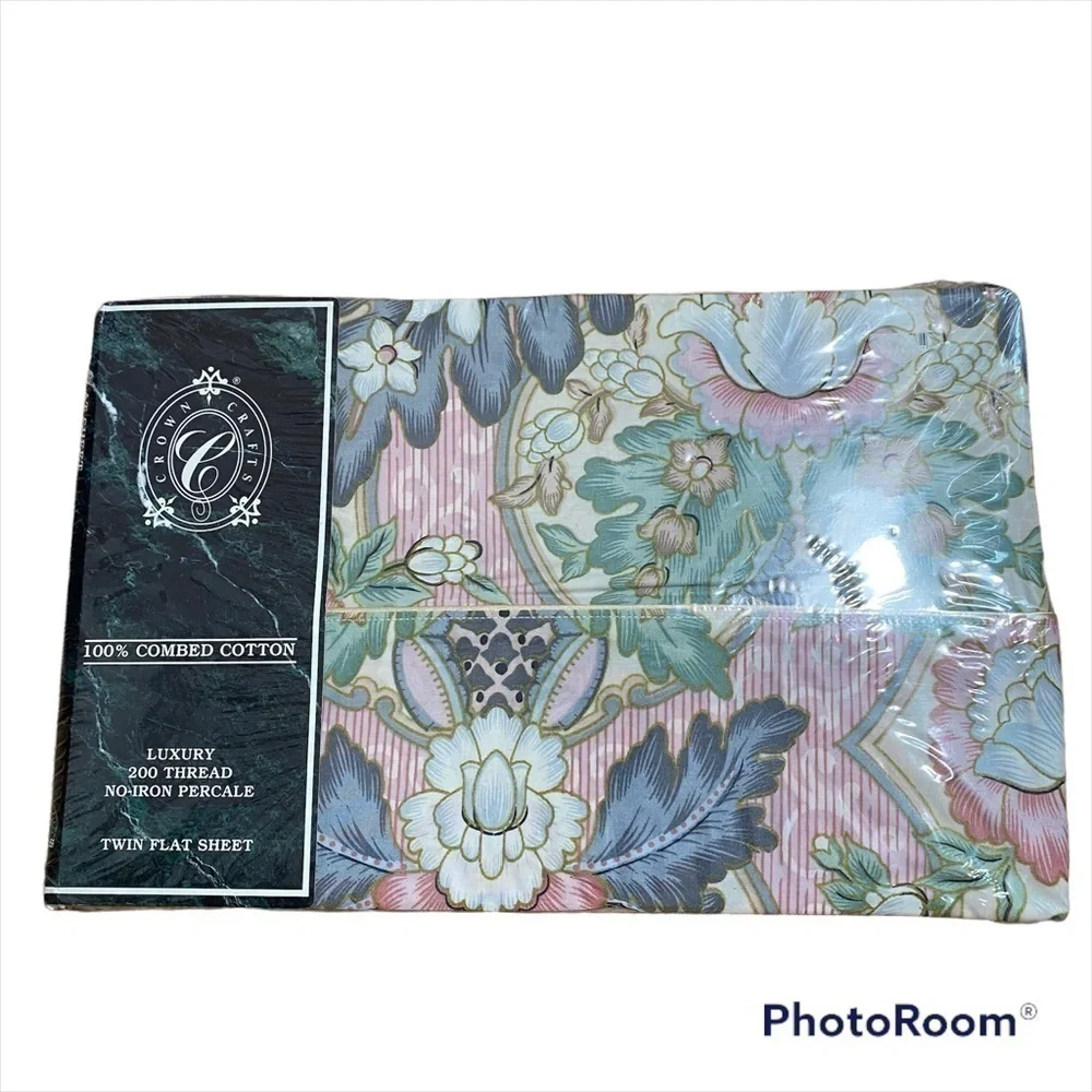 Crown Crafts Milan Twin Flat Sheet NEW Floral 100% Combed Cotton Floral Green